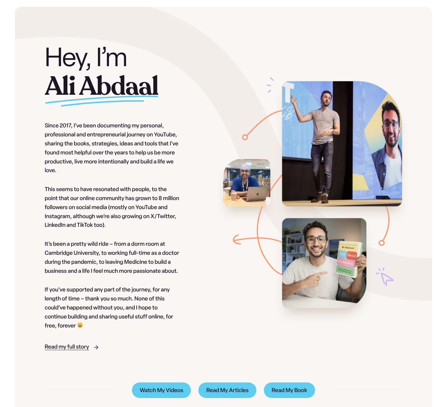 About, told as a story, on the Ali Abdaal website