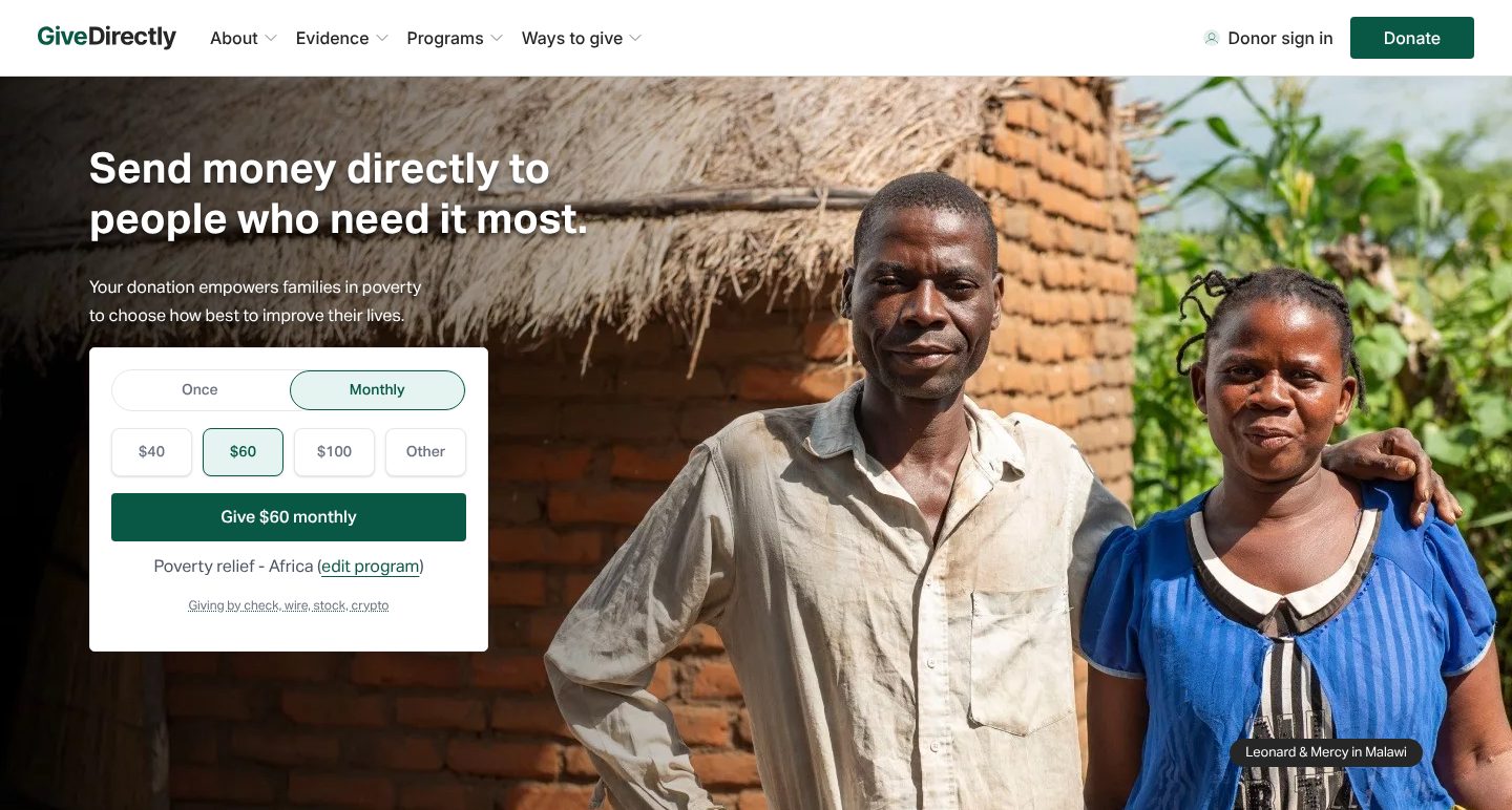 The mission in one sentence, and a way to give, on the GiveDirectly website