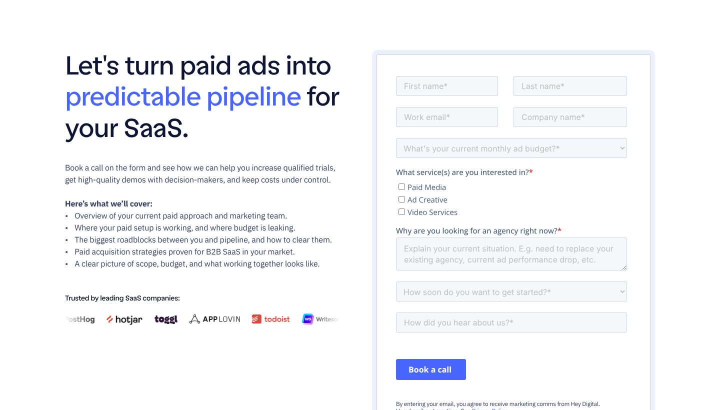 A form that says what the call will cover, on the Hey Digital website