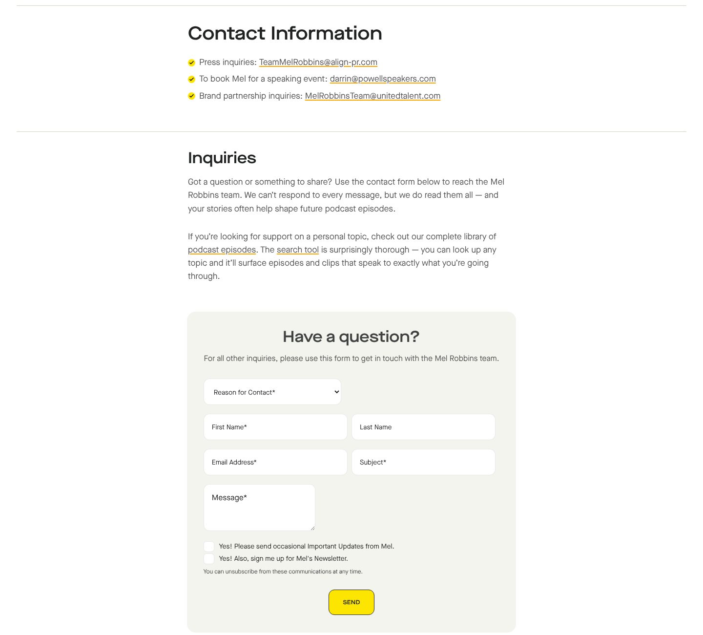 Contact, by reason, on the Mel Robbins website