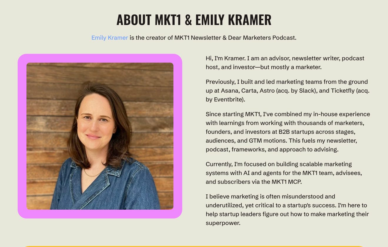 You, as a person, on the MKT1, Emily Kramer website